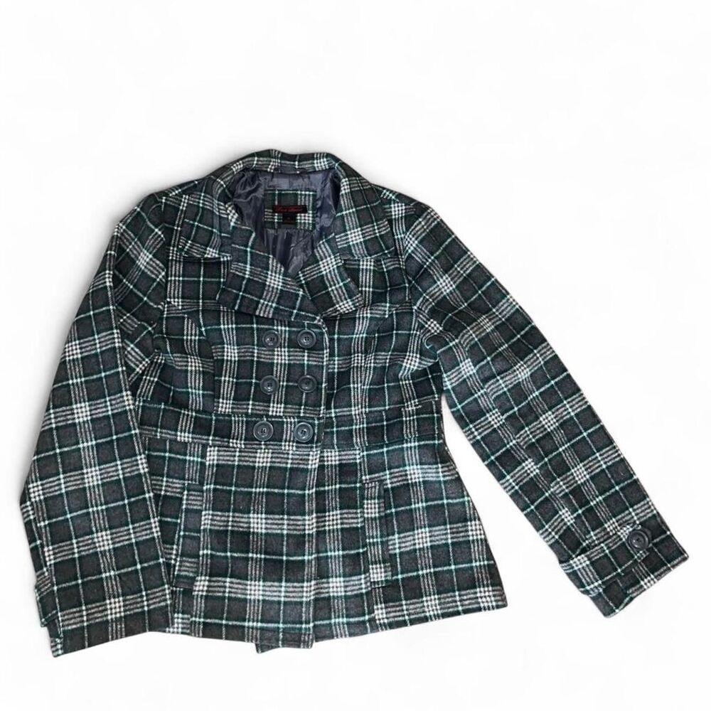 Y2K 2000 Black Lipstick Woman's Gray and Green Plaid Wool Coat SZ XL
